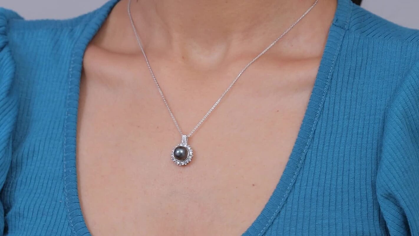 D'Joy Premium Tahitian Pearl and Moissanite 0.40 ctw Sunburst Pendant Necklace in Rhodium Over Sterling Silver 20 Inches