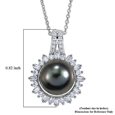 D'Joy Premium Tahitian Pearl and Moissanite 0.40 ctw Sunburst Pendant Necklace in Rhodium Over Sterling Silver 20 Inches