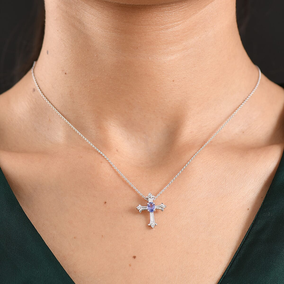 D'Joy Tanzanite and White Zircon 0.50 ctw Pendant Necklace in Rhodium Over Sterling Silver 20 Inches image number 2
