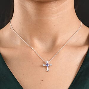 D'Joy Tanzanite and White Zircon 0.50 ctw Pendant Necklace in Rhodium Over Sterling Silver 20 Inches
