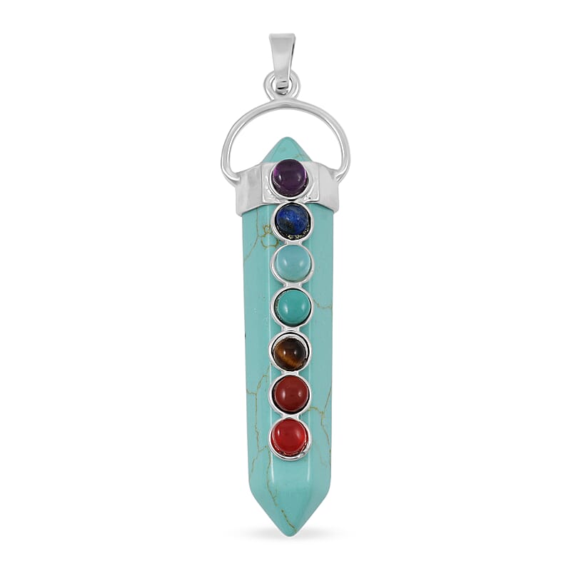 Turquoise Howlite and Multi Gemstone 52.00 ctw Point with Chakra Pendant in Silvertone with Stainless Steel Necklace 20 Inches