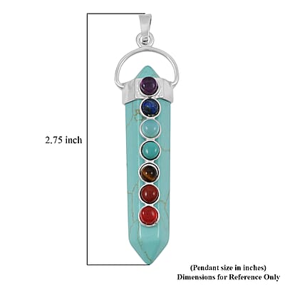 Turquoise Howlite and Multi Gemstone 52.00 ctw Point with Chakra Pendant in Silvertone with Stainless Steel Necklace 20 Inches