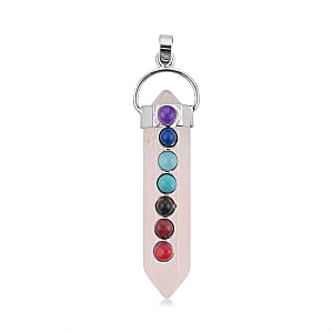 Galilea Rose Quartz and Multi Gemstone 52.00 ctw Point with Chakra Pendant in Silvertone with Stainless Steel Necklace 20 Inches