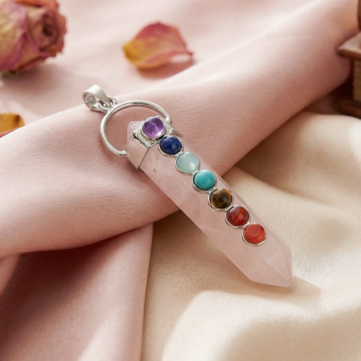 Galilea Rose Quartz and Multi Gemstone 52.00 ctw Point with Chakra Pendant in Silvertone with Stainless Steel Necklace 20 Inches image number 1