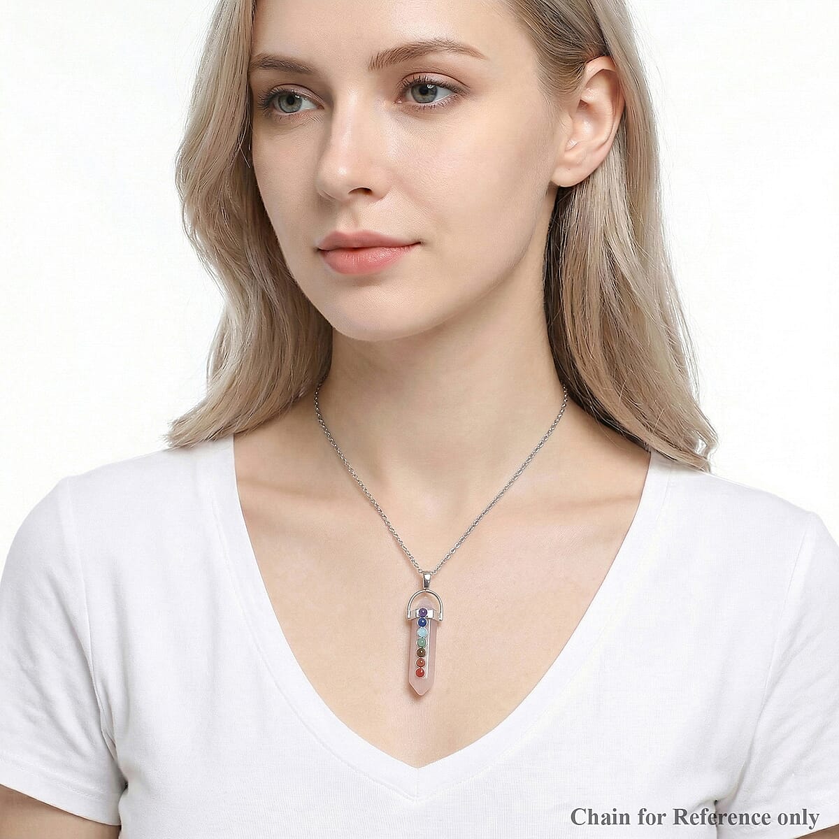 Galilea Rose Quartz and Multi Gemstone 52.00 ctw Point with Chakra Pendant in Silvertone with Stainless Steel Necklace 20 Inches image number 2