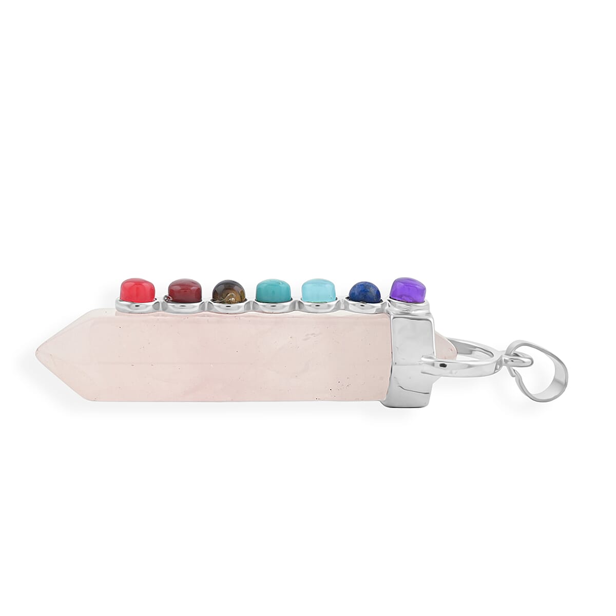 Galilea Rose Quartz and Multi Gemstone 52.00 ctw Point with Chakra Pendant in Silvertone with Stainless Steel Necklace 20 Inches image number 3