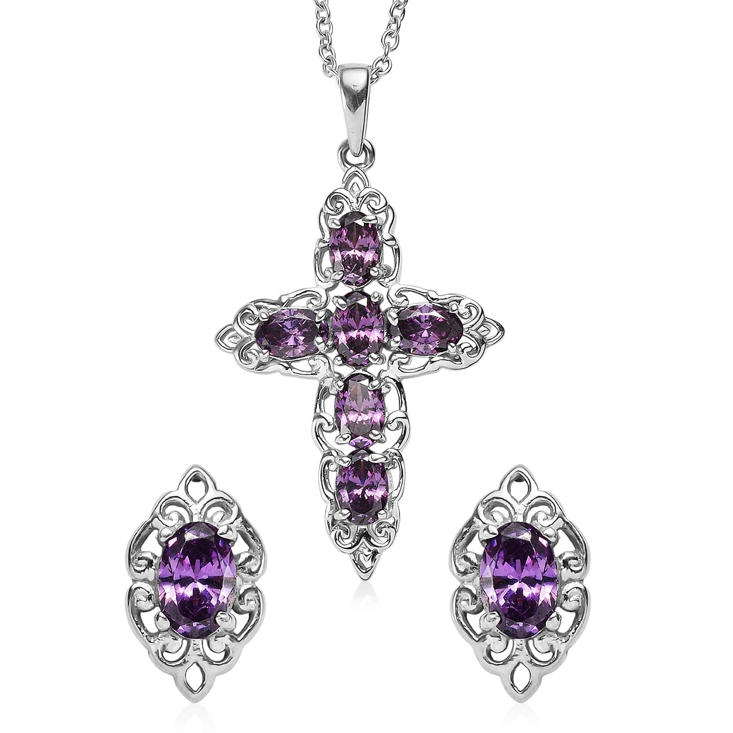 EverTrue Simulated Amethyst Color Diamond Cross Pendant without Chain and Stud Earrings in Stainless Steel