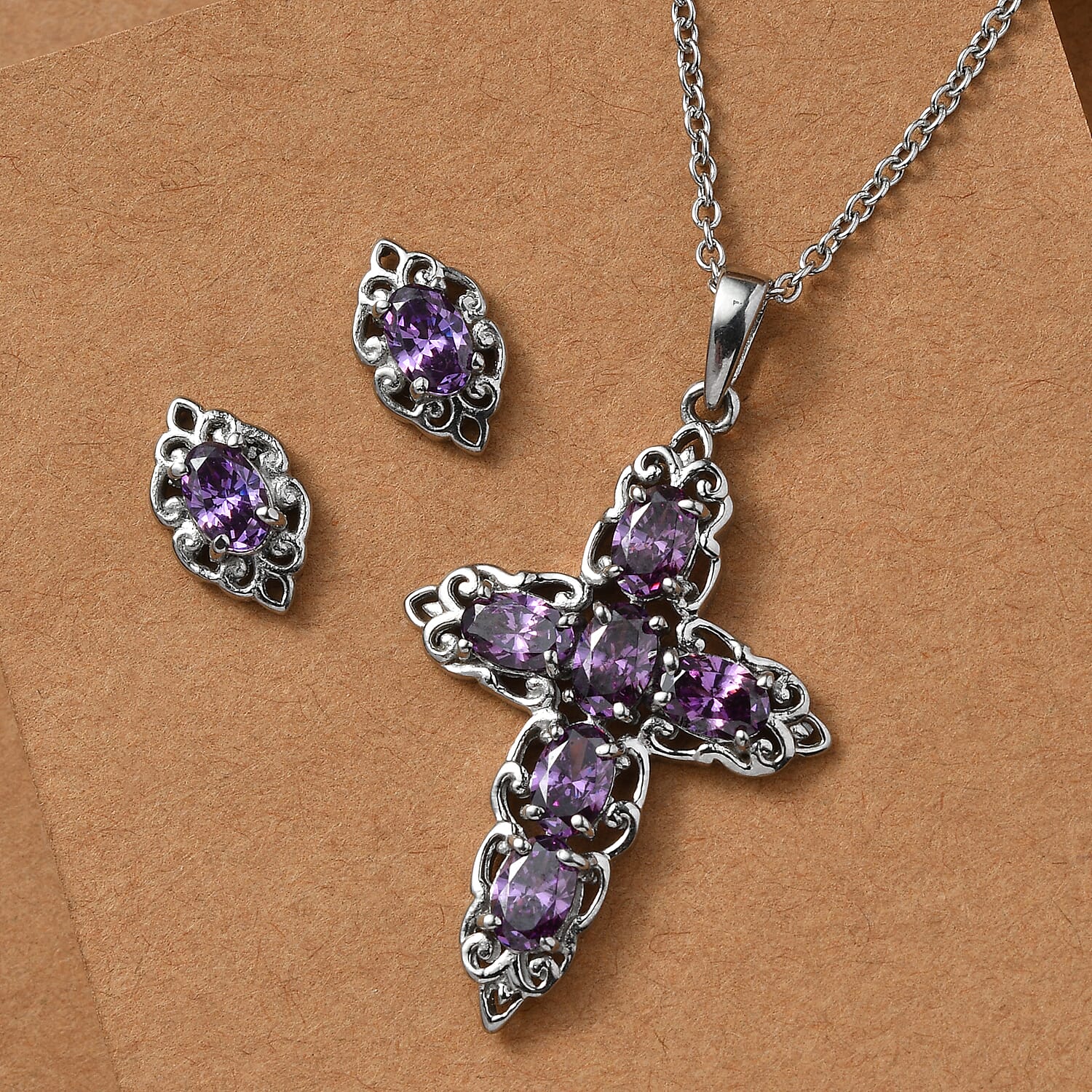 EverTrue Simulated Amethyst Color Diamond Cross Pendant without Chain and Stud Earrings in Stainless Steel