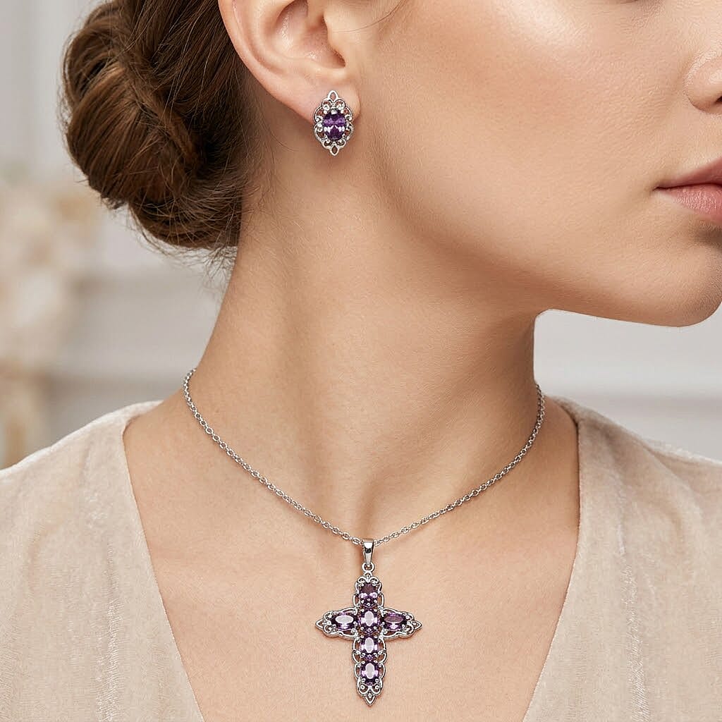 EverTrue Simulated Amethyst Color Diamond Cross Pendant without Chain and Stud Earrings in Stainless Steel