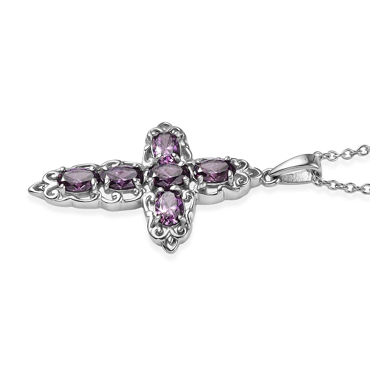 EverTrue Simulated Amethyst Color Diamond Cross Pendant without Chain and Stud Earrings in Stainless Steel