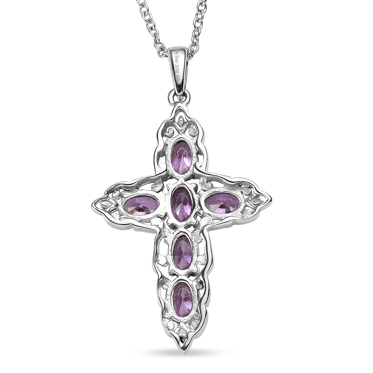 EverTrue Simulated Amethyst Color Diamond Cross Pendant without Chain and Stud Earrings in Stainless Steel