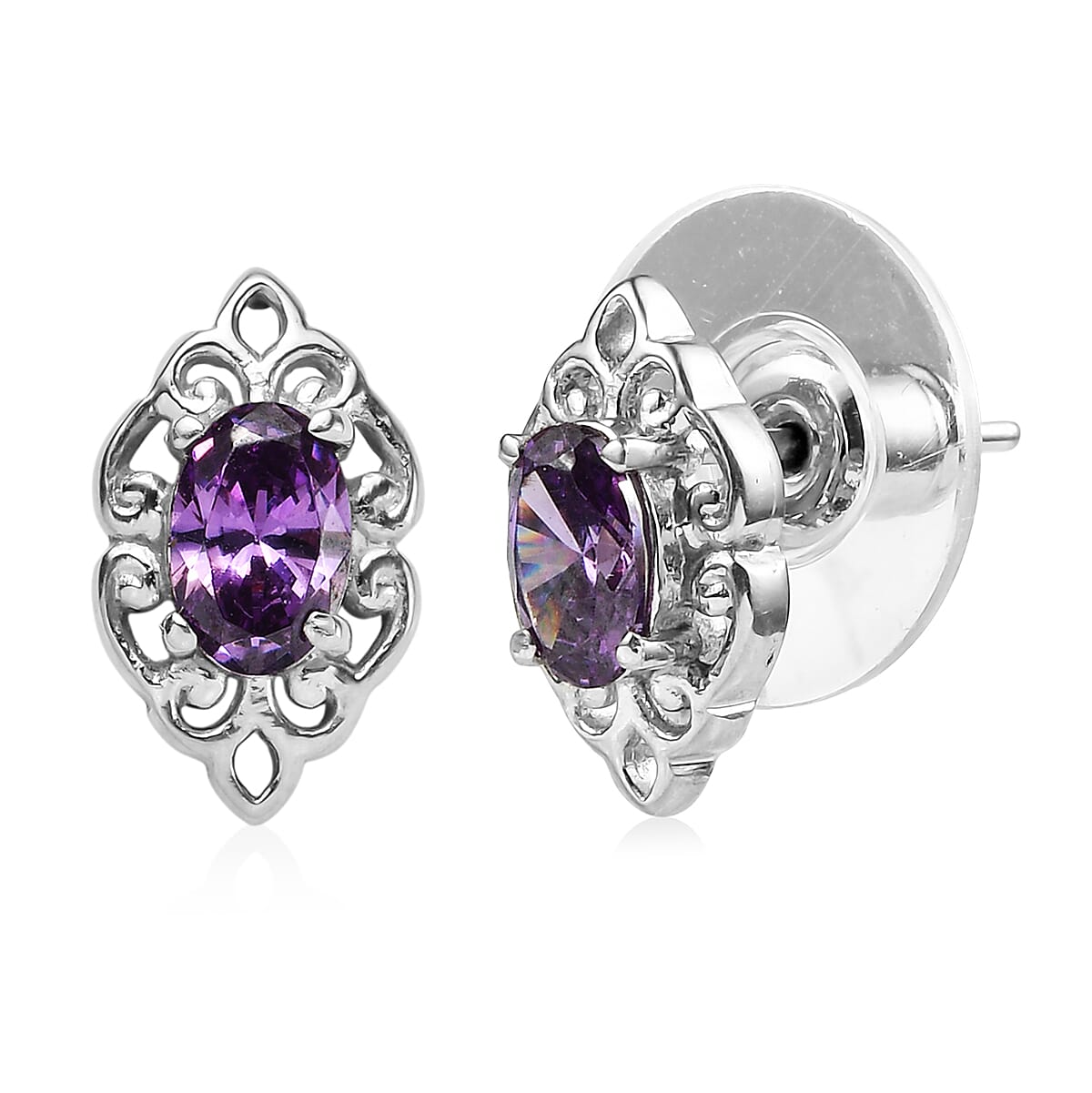 EverTrue Simulated Amethyst Color Diamond Cross Pendant without Chain and Stud Earrings in Stainless Steel