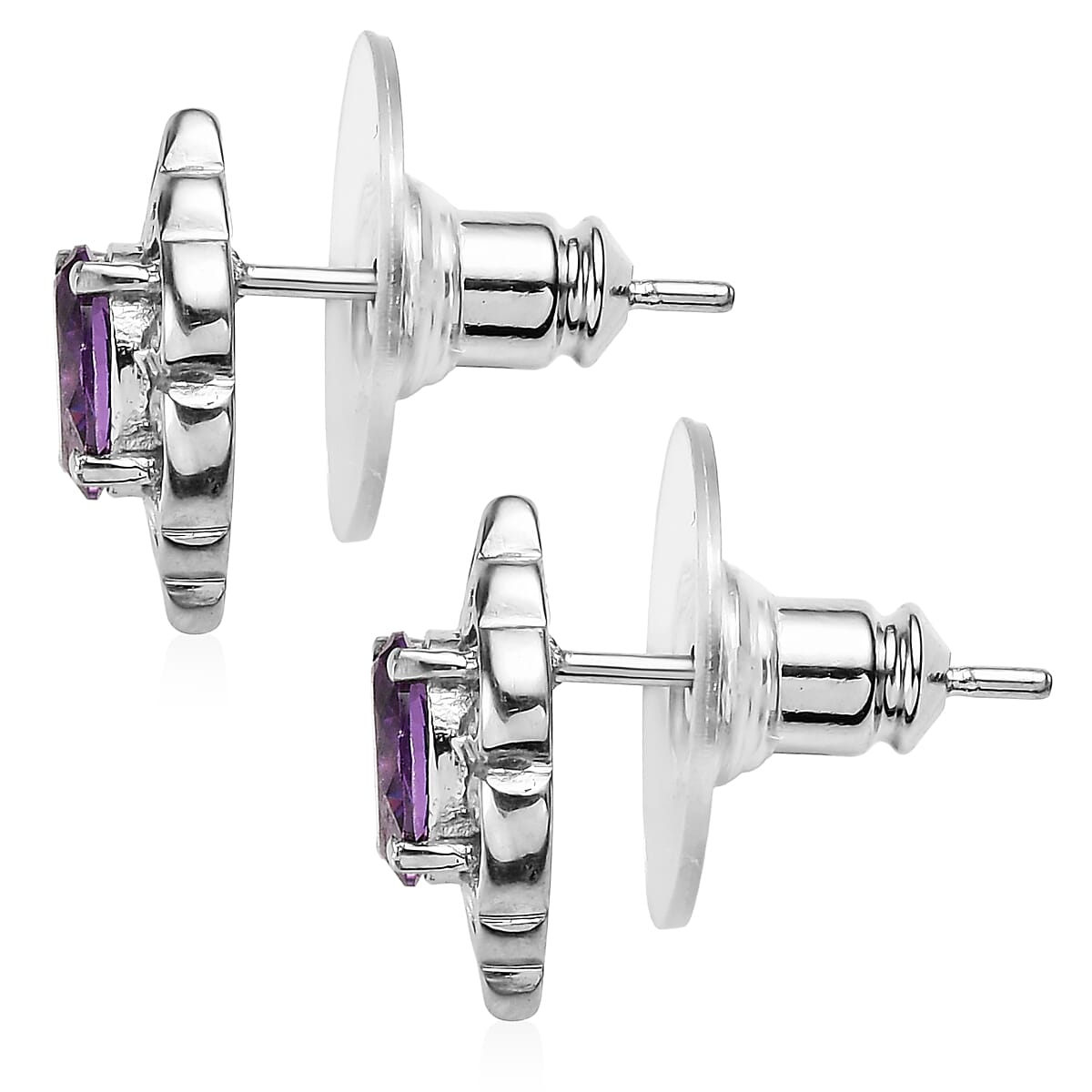 EverTrue Simulated Amethyst Color Diamond Cross Pendant without Chain and Stud Earrings in Stainless Steel