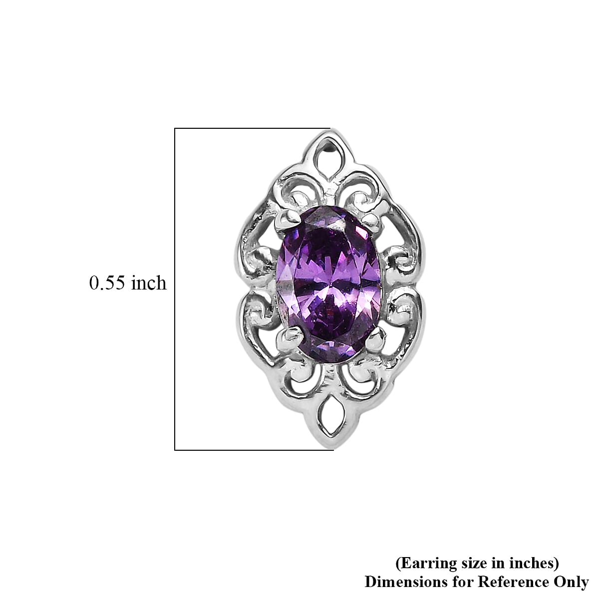 EverTrue Simulated Amethyst Color Diamond Cross Pendant without Chain and Stud Earrings in Stainless Steel