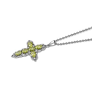 EverTrue Simulated Lime Diamond Cross Pendant and Stud Earrings in Stainless Steel