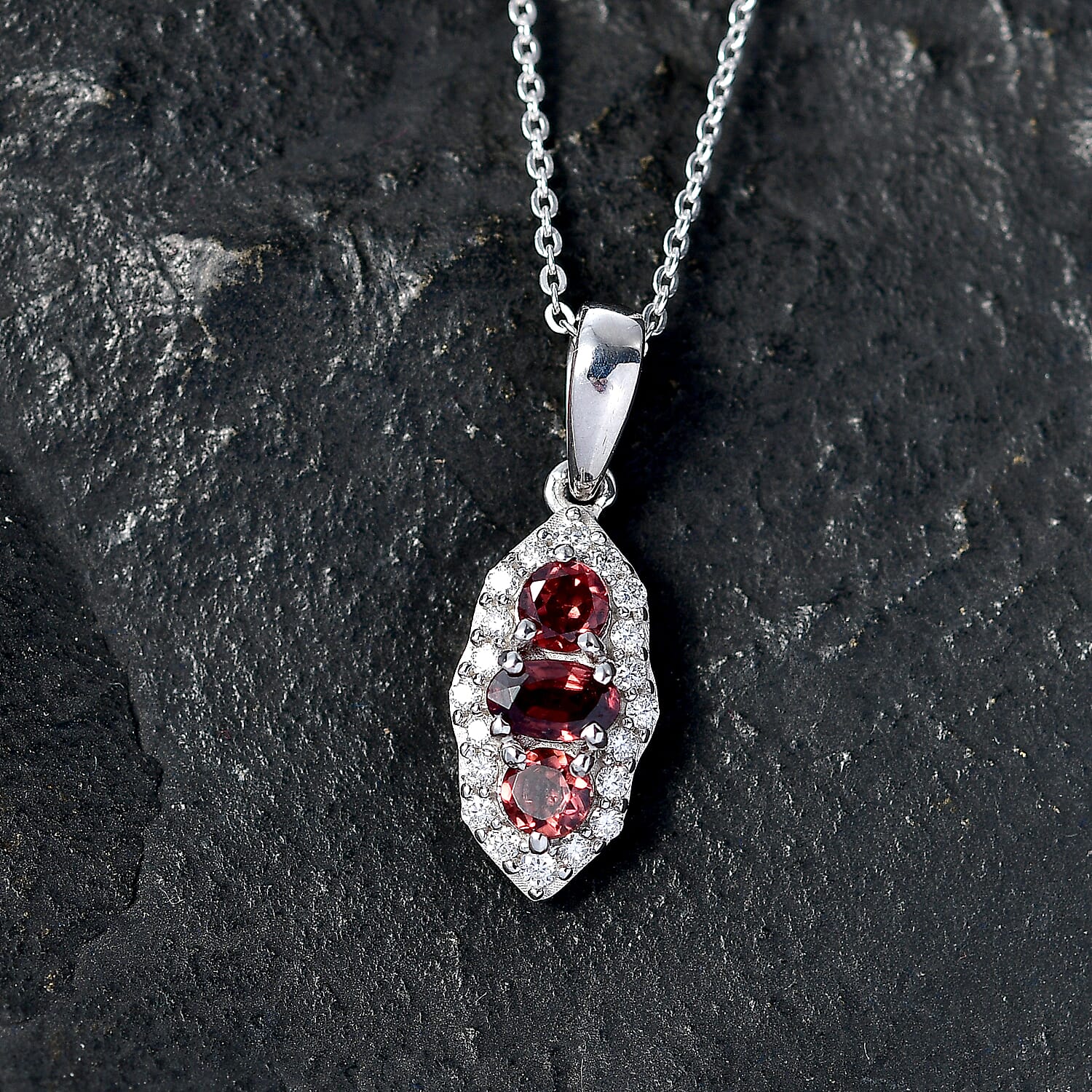 D'Joy AAA Red Zircon and Moissanite 0.90 ctw Royal Eye Spark Pendant Necklace in Rhodium Over Sterling Silver 20 Inches