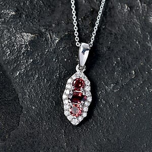 D'Joy AAA Red Zircon and Moissanite 0.90 ctw Royal Eye Spark Pendant Necklace in Rhodium Over Sterling Silver 20 Inches