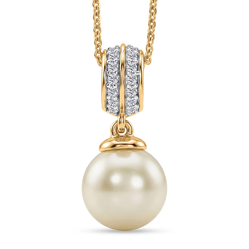 Premium South Sea Golden Pearl and Luxuriant Lab Grown Diamond G-H SI 0.10 ctw Drop Pendant Necklace in 18K Vermeil Yellow Gold Over Sterling Silver 20 Inches