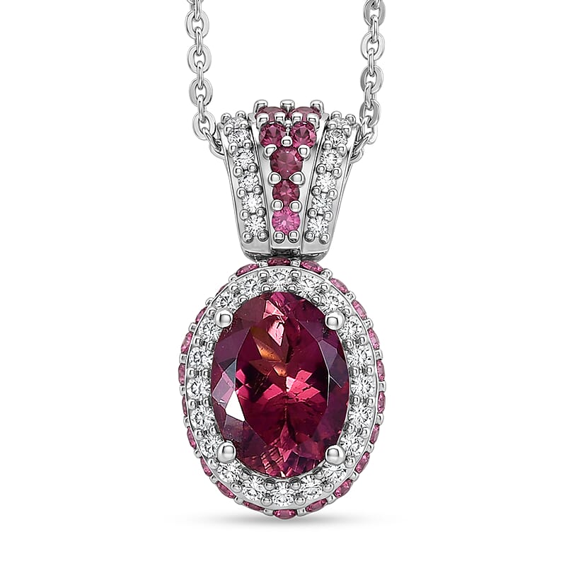D'Joy Premium Ouro Fino Rubellite ad Moissanite 2.20 ctw Beaded Mirror Frame Pendant Necklace in Rhodium Over Sterling Silver 20 inches