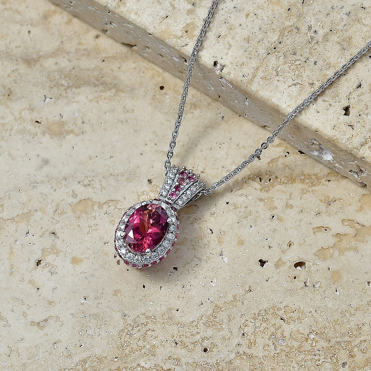 D'Joy Premium Ouro Fino Rubellite ad Moissanite 2.20 ctw Beaded Mirror Frame Pendant Necklace in Rhodium Over Sterling Silver 20 inches image number 1