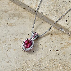 D'Joy Premium Ouro Fino Rubellite ad Moissanite 2.20 ctw Beaded Mirror Frame Pendant Necklace in Rhodium Over Sterling Silver 20 inches