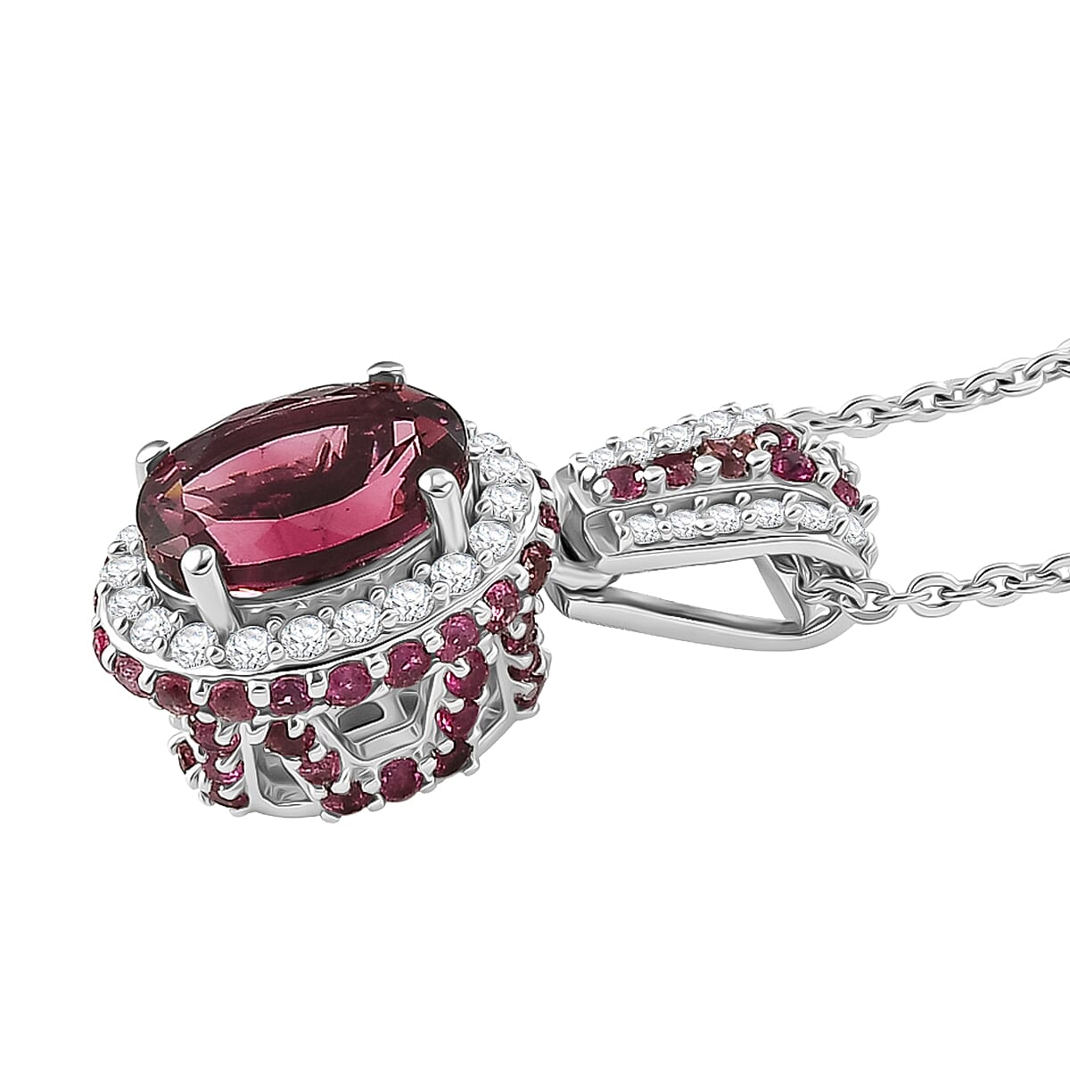 D'Joy Premium Ouro Fino Rubellite ad Moissanite 2.20 ctw Beaded Mirror Frame Pendant Necklace in Rhodium Over Sterling Silver 20 inches image number 3