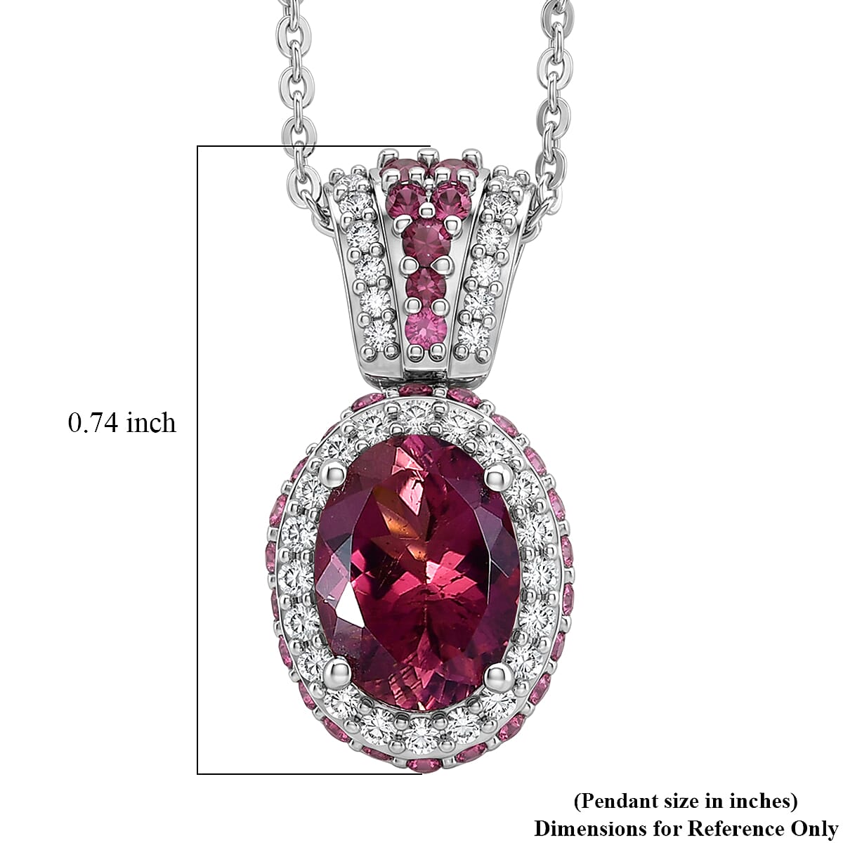 D'Joy Premium Ouro Fino Rubellite ad Moissanite 2.20 ctw Beaded Mirror Frame Pendant Necklace in Rhodium Over Sterling Silver 20 inches