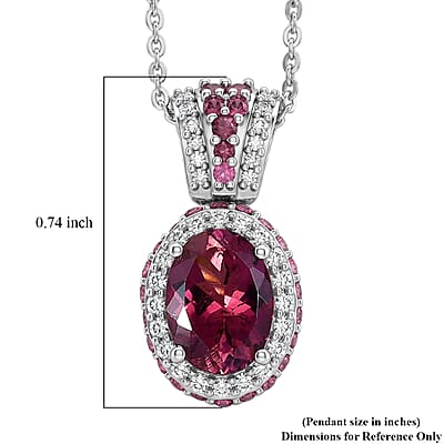 D'Joy Premium Ouro Fino Rubellite ad Moissanite 2.20 ctw Beaded Mirror Frame Pendant Necklace in Rhodium Over Sterling Silver 20 inches