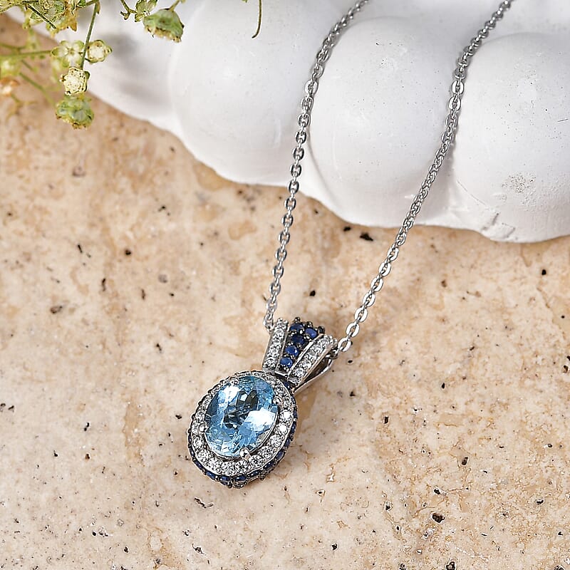D'Joy Premium Santa Maria Aquamarine and Multi Gemstone 2.00 ctw Beaded Mirror Frame Pendant Necklace in Rhodium Over Sterling Silver 20 Inches