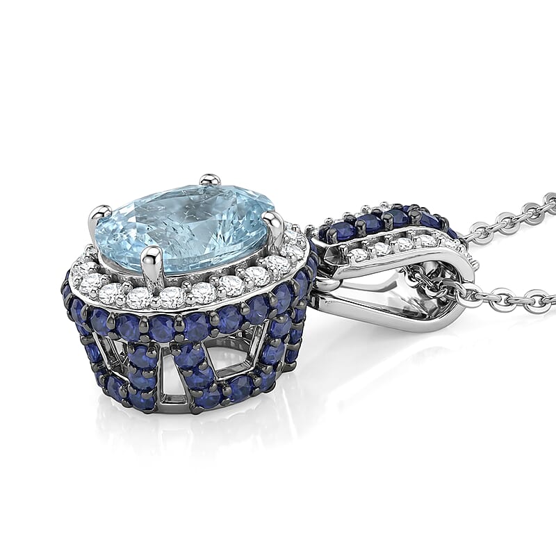 D'Joy Premium Santa Maria Aquamarine and Multi Gemstone 2.00 ctw Beaded Mirror Frame Pendant Necklace in Rhodium Over Sterling Silver 20 Inches