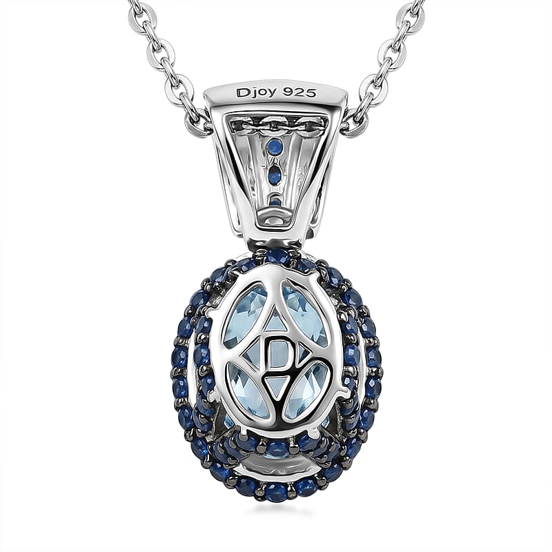 D'Joy Premium Santa Maria Aquamarine and Multi Gemstone 2.00 ctw Beaded Mirror Frame Pendant Necklace in Rhodium Over Sterling Silver 20 Inches