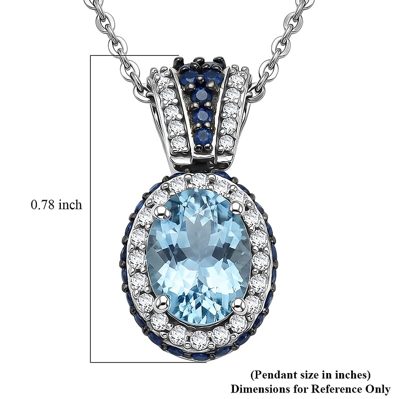 D'Joy Premium Santa Maria Aquamarine and Multi Gemstone 2.00 ctw Beaded Mirror Frame Pendant Necklace in Rhodium Over Sterling Silver 20 Inches