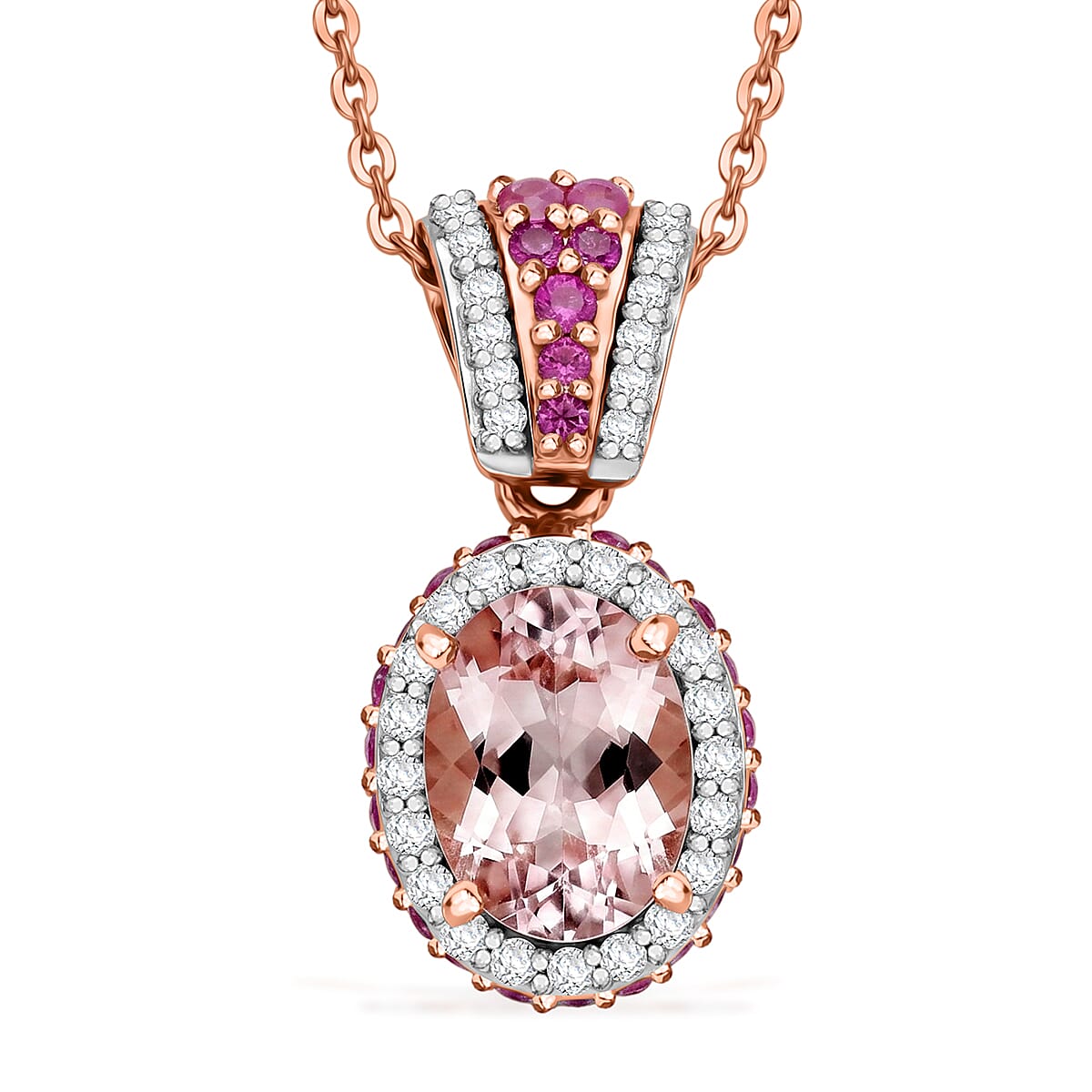 D'Joy Premium Ouro Fino Rubellite, Moissanite Pendant Necklace (20 inches) in Rhodium Over Sterling Silver 2.20 ctw