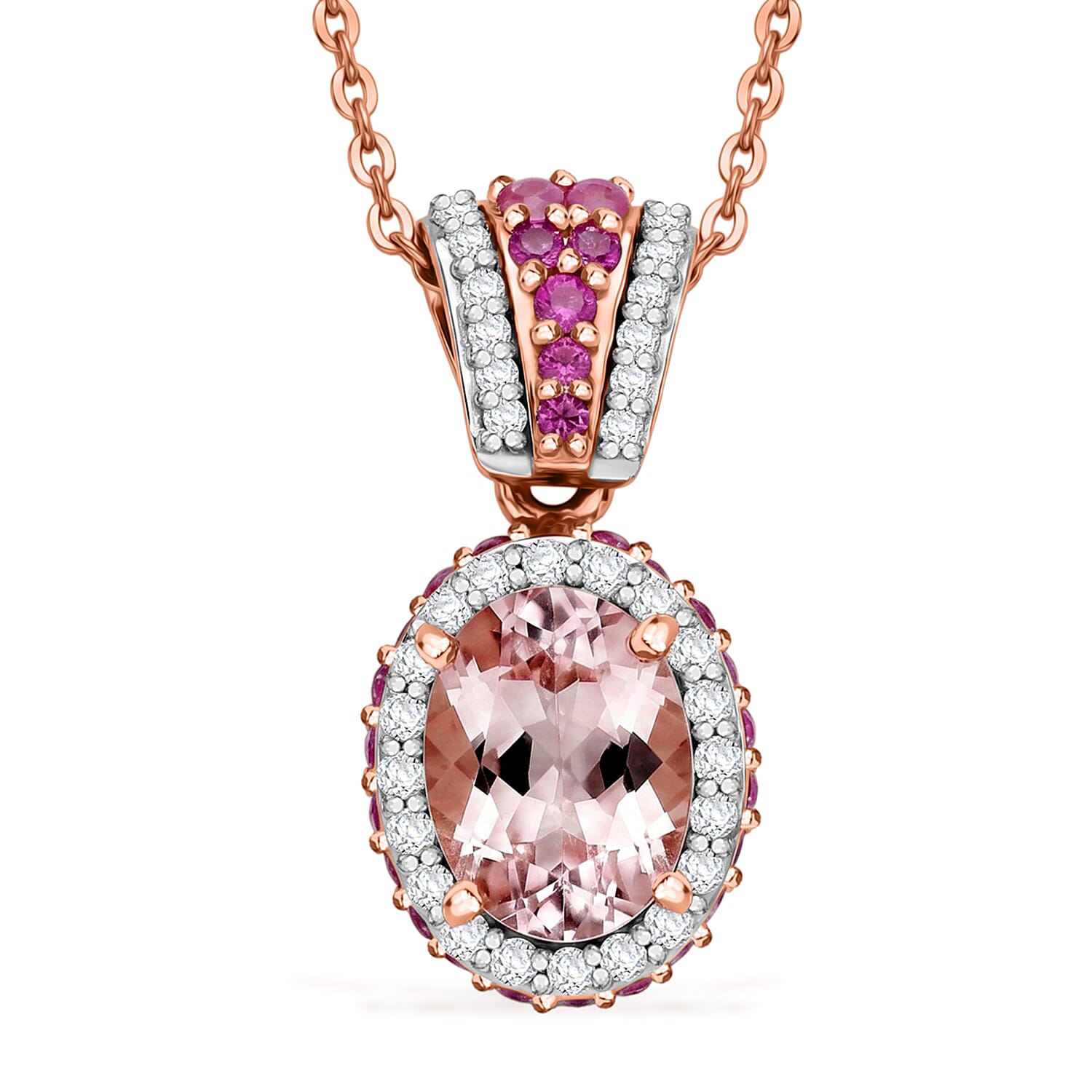 D'Joy Premium Pink Morganite and Multi Gemstone 2.00 ctw Beaded Mirror Frame Pendant Necklace in 18K Vermeil Rose Gold Over Ster