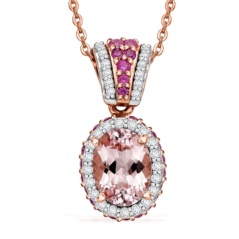 D'Joy Premium Pink Morganite and Multi Gemstone 2.00 ctw Beaded Mirror Frame Pendant Necklace in 18K Vermeil Rose Gold Over Sterling Silver 20 Inches