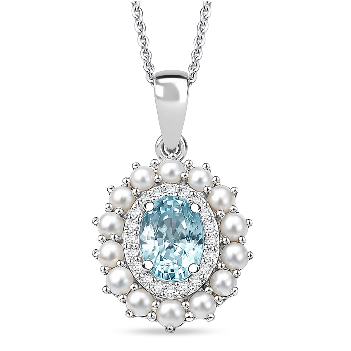 D'Joy Premium Cambodian Blue Zircon and Multi Gemstone 1.60 ctw Pearl Treasure Pendant Necklace in Rhodium Over Sterling Silver 20 Inches