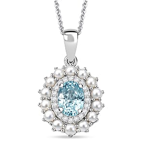 D'Joy Premium Cambodian Blue Zircon and Multi Gemstone 1.60 ctw Pearl Treasure Pendant Necklace in Rhodium Over Sterling Silver 20 Inches 