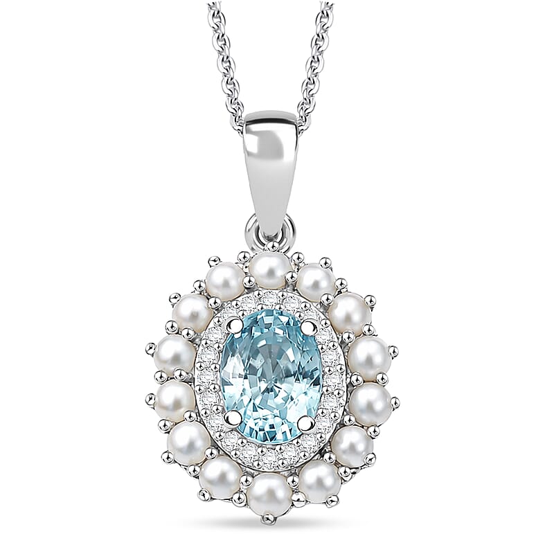 D'Joy Premium Cambodian Blue Zircon and Multi Gemstone 1.60 ctw Pearl Treasure Pendant Necklace in Rhodium Over Sterling Silver 20 Inches