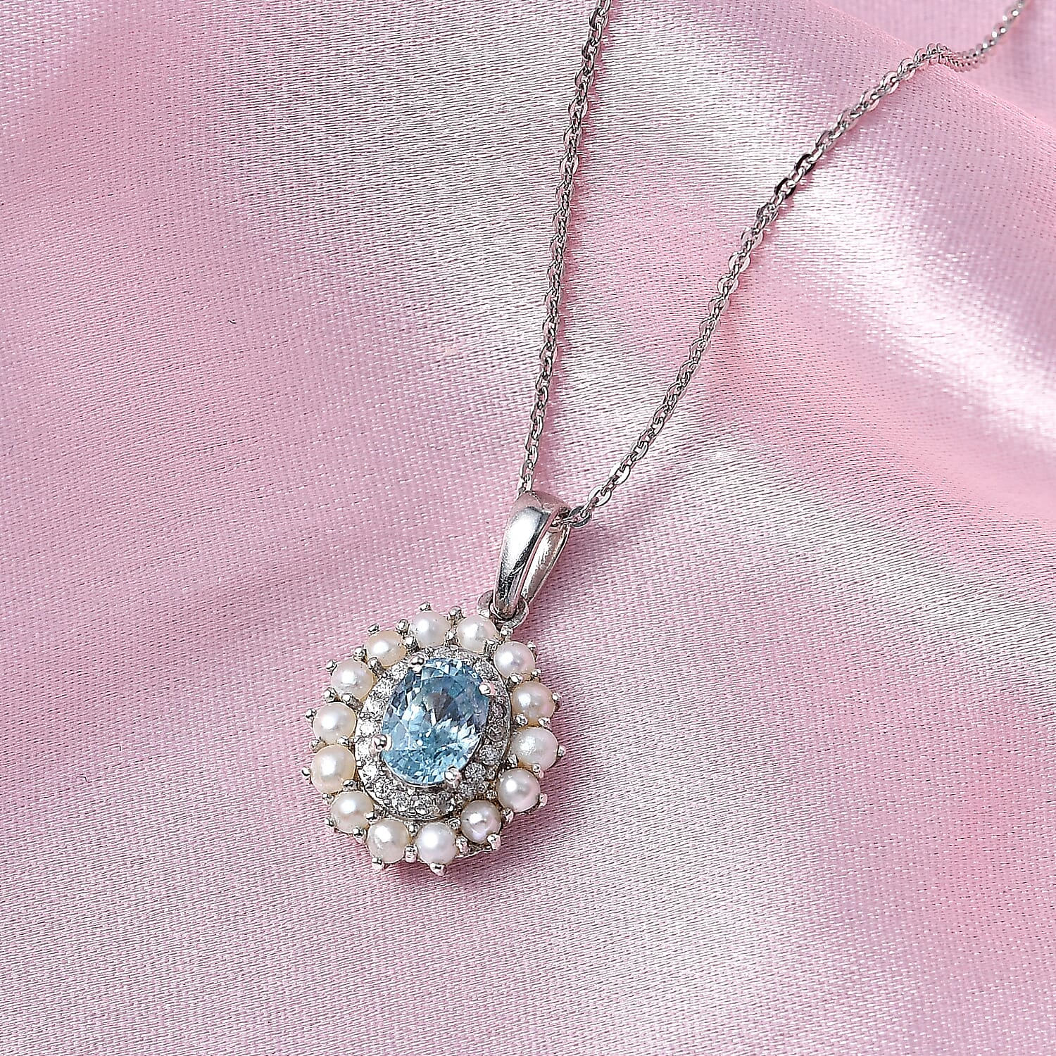 D'Joy Premium Cambodian Blue Zircon and Multi Gemstone 1.60 ctw Pearl Treasure Pendant Necklace in Rhodium Over Sterling Silver 20 Inches