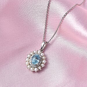 D'Joy Premium Cambodian Blue Zircon and Multi Gemstone 1.60 ctw Pearl Treasure Pendant Necklace in Rhodium Over Sterling Silver 20 Inches 