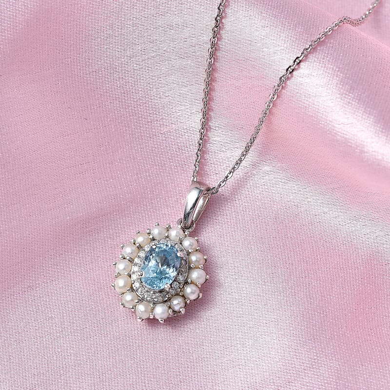 D'Joy Premium Cambodian Blue Zircon and Multi Gemstone 1.60 ctw Pearl Treasure Pendant Necklace in Rhodium Over Sterling Silver 20 Inches