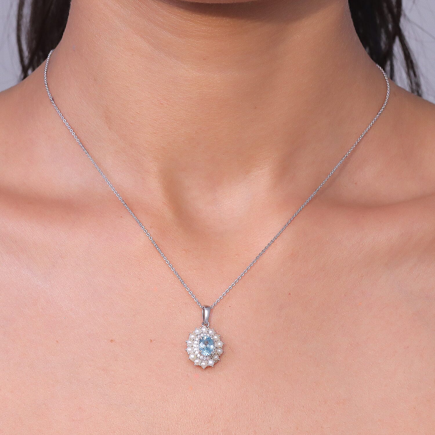 D'Joy Premium Cambodian Blue Zircon and Multi Gemstone 1.60 ctw Pearl Treasure Pendant Necklace in Rhodium Over Sterling Silver 20 Inches