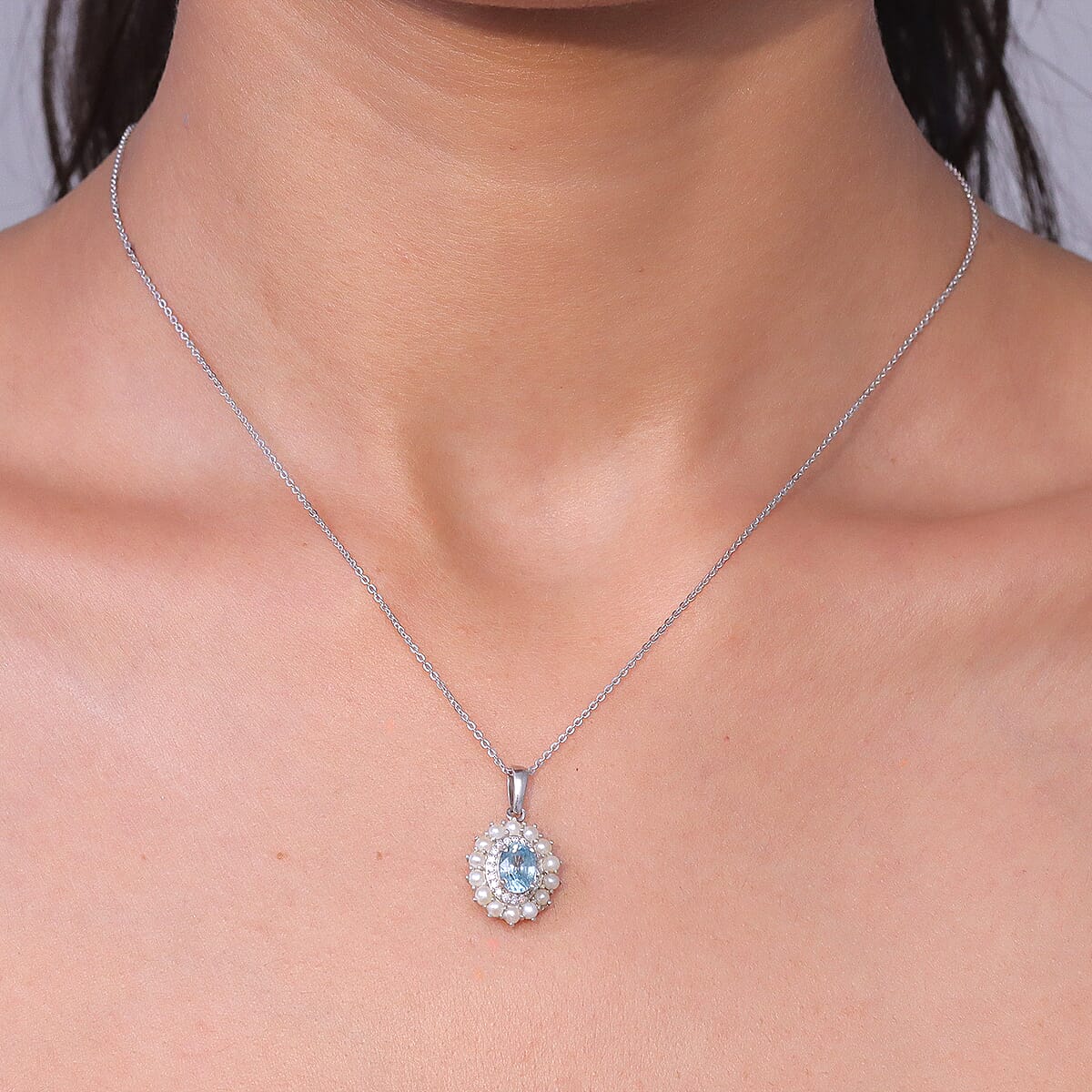 D'Joy Premium Cambodian Blue Zircon and Multi Gemstone 1.60 ctw Pearl Treasure Pendant Necklace in Rhodium Over Sterling Silver 20 Inches  image number 2