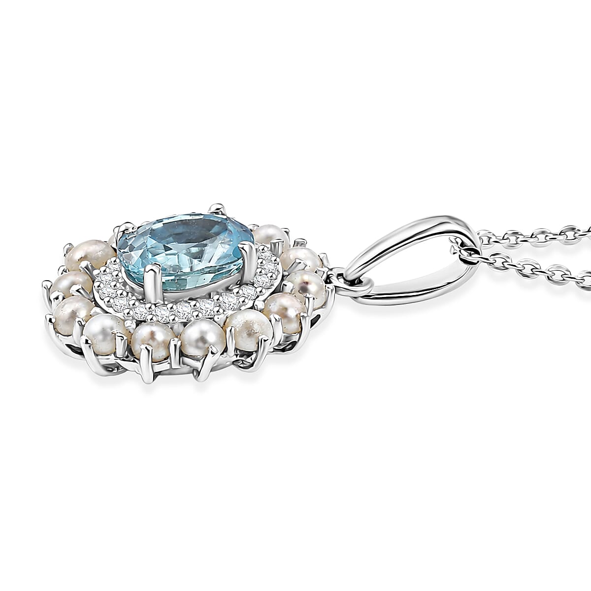 D'Joy Premium Cambodian Blue Zircon and Multi Gemstone 1.60 ctw Pearl Treasure Pendant Necklace in Rhodium Over Sterling Silver 20 Inches  image number 3