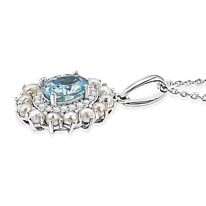 D'Joy Premium Cambodian Blue Zircon and Multi Gemstone 1.60 ctw Pearl Treasure Pendant Necklace in Rhodium Over Sterling Silver 20 Inches 