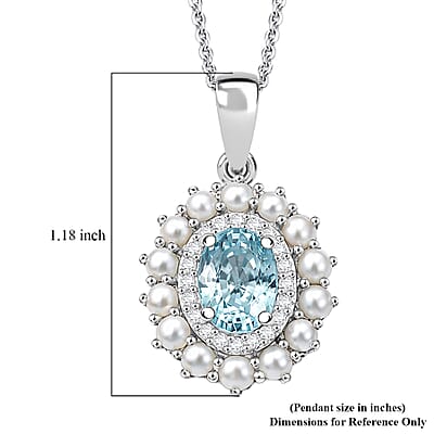 D'Joy Premium Cambodian Blue Zircon and Multi Gemstone 1.60 ctw Pearl Treasure Pendant Necklace in Rhodium Over Sterling Silver 20 Inches