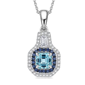 D'Joy Premium Asscher Cut Cambodian Blue Zircon and Multi Gemstone 2.15 ctw Midnight Ocean Crown Pendant Necklace in Rhodium Over Sterling Silver (20 inches)