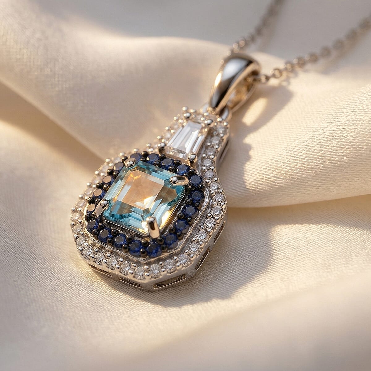 D'Joy Premium Asscher Cut Cambodian Blue Zircon and Multi Gemstone 2.15 ctw Midnight Ocean Crown Pendant Necklace in Rhodium Over Sterling Silver (20 inches) image number 1