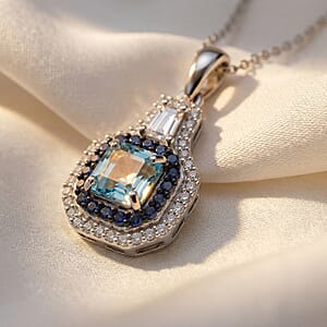D'Joy Premium Asscher Cut Cambodian Blue Zircon and Multi Gemstone 2.15 ctw Midnight Ocean Crown Pendant Necklace in Rhodium Over Sterling Silver (20 inches)