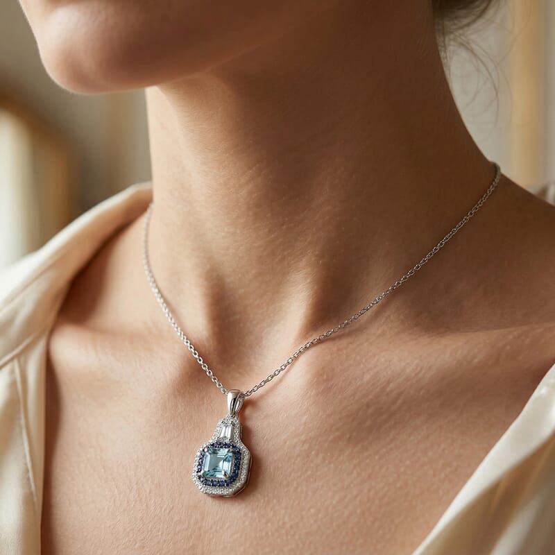 D'Joy Premium Asscher Cut Cambodian Blue Zircon and Multi Gemstone 2.15 ctw Midnight Ocean Crown Pendant Necklace in Rhodium Over Sterling Silver (20 inches)